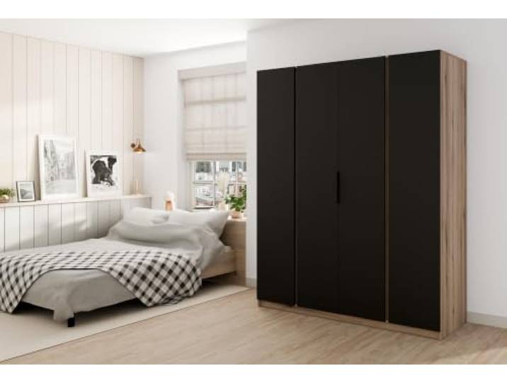 AX Living Nehir Schrank 200 cm Eiche Evoke/Schwarz, 4 Türen 4 glatte Türen – alles gut verstaut.