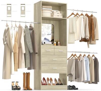 Rackcog 8FT Walk in Closet Organizer System with 3 Extendable Hanging Rods ＆ 4 Drawers ＆ Mirror