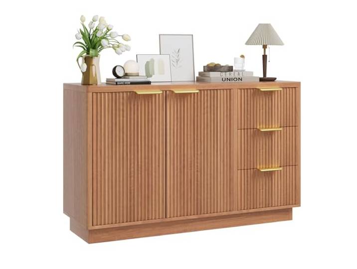 GarveeHome Geriffelter Sideboard Buffet 120 cm Esszimmerschrank mit 2 Türen 3 Schubladen