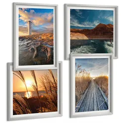 BILDER SET 4er Set - 50x50 cm & 40x60 cm Silberner Rahmen - Leuchtturm-Grassteg
