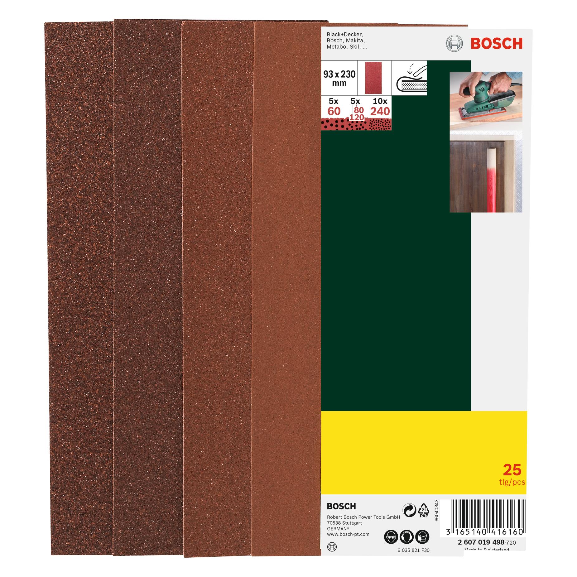 Bosch Zubehör Schleifblatt-Set für Schwingschleifer, 25-teilig, ungelocht, 93 x 230 mm, 60-240 (120, 240, 60, 80) (2607019498)