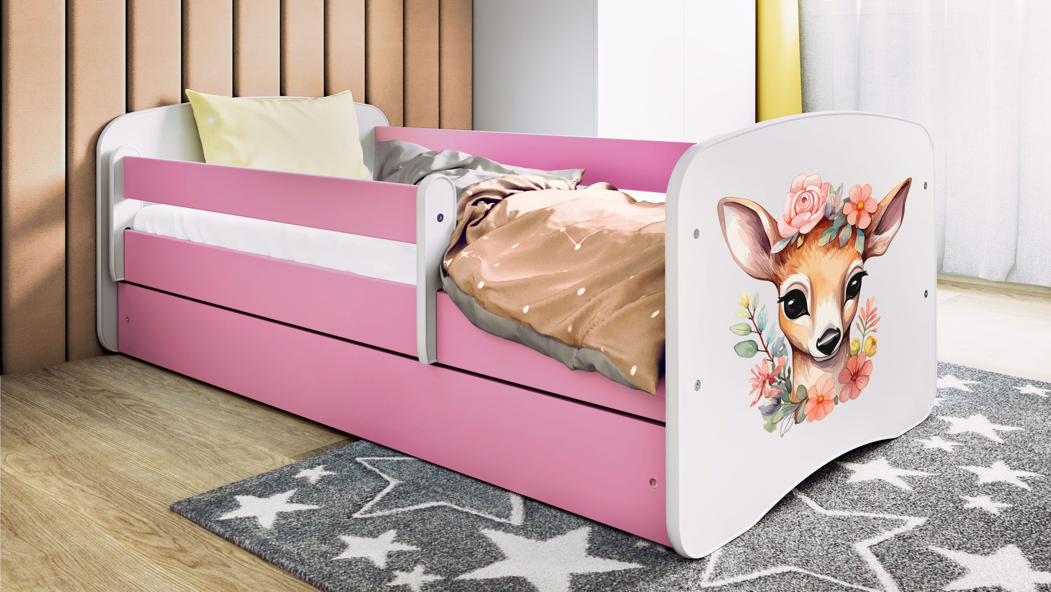 Kinderbett Jugendbett Bambi 70x140, 80x160, 80x180 cm - Komplettset mit Schublade & Rausfallschutz