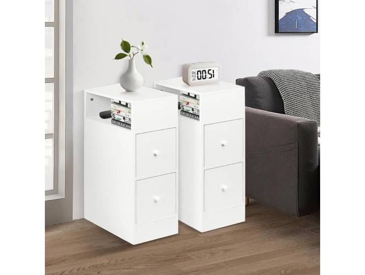 Ensemble de 2 petites tables de chevet étroites Table basse en bois pour chambre et salon Espace de sauvegarde 2 tiroirs-XJING
