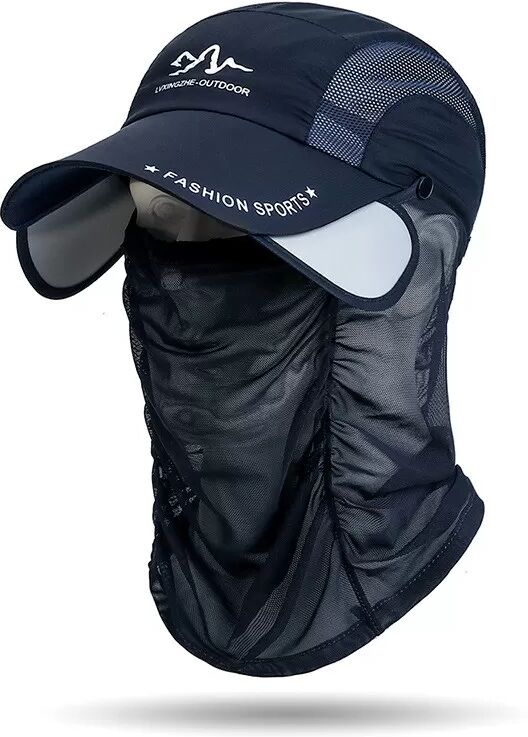 INF Chapeau de protection solaire bleu marine avec couvre-visage amovible