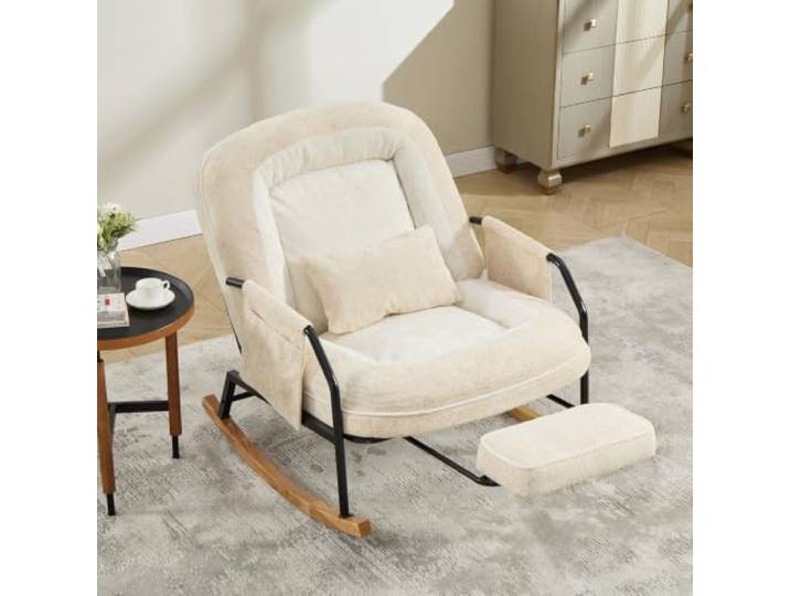 I0I&I0I Schaukelstuhl Mit Fußstütze, Verstellbarer Rückenlehne, Polsterung, Seitentasche Für Innen Und Außen (Beige + Faux fur + Foam)
