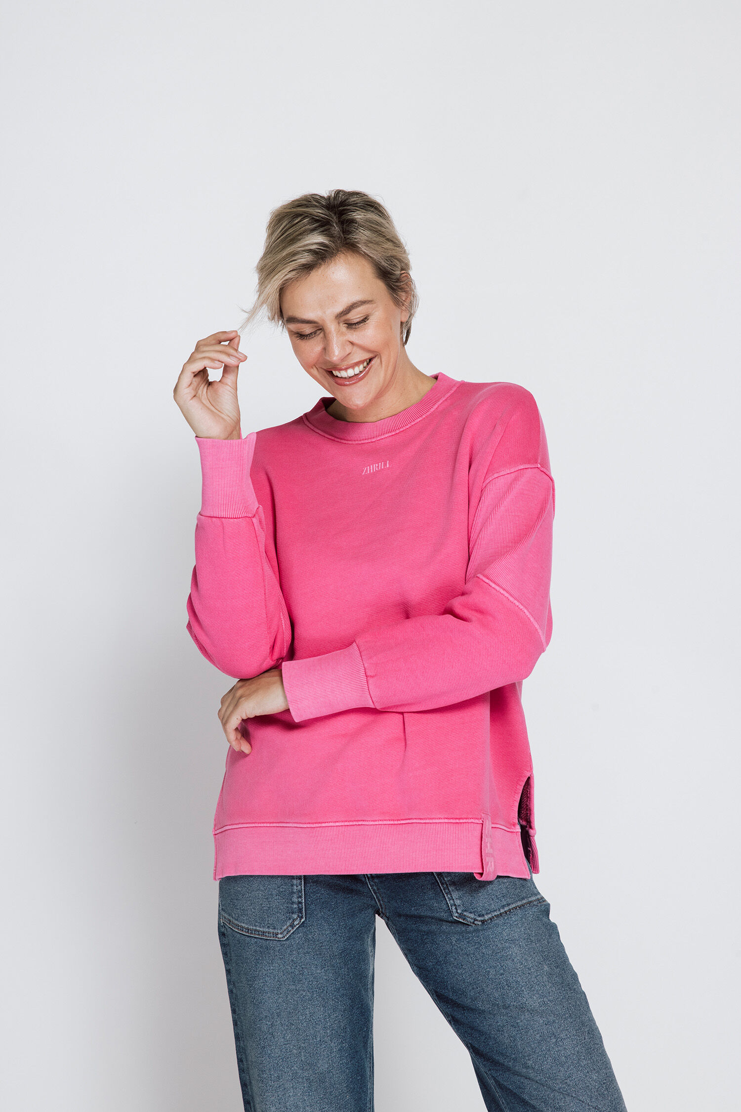 Sweater ZHRILL "OLEA", Damen, Gr. XXL, pink (rose), Sweatware, Obermaterial: 100% Baumwolle, unifarben, bequem hüftbedeckend, Rundhals, Bündchen, Sweatshirts Sweater, bequeme Passform / Rundhals / Modische Schlitze rose XXL