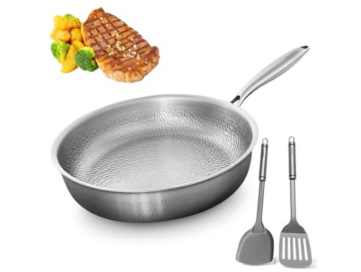LLELEMAMO Titanpfanne aus 100% reinem Titan, Antihaft-Bratpfanne ohne Beschichtung, Kratzfest & Spülmaschinenfest, Schnelle Erhitzung, Inkl. Pfannenwender (30 Cm Without Lid)