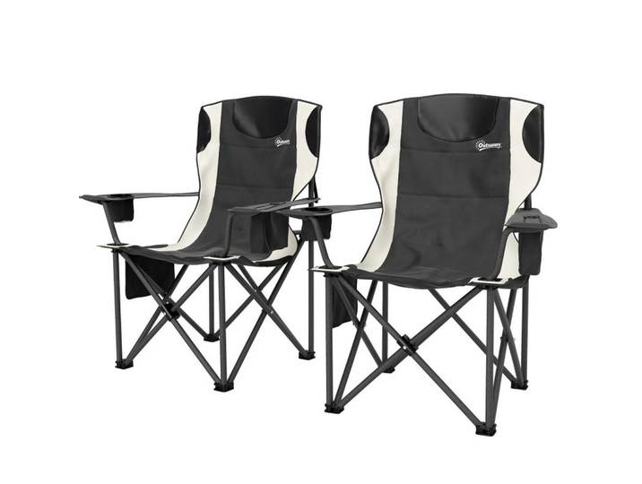 Redom Campingstuhl 94/62/100 cm faltbar mit Kopfstütze, Getränkehalter und Kühltasche, Metall, Schwarz, 62x100x94 cm, Gartenmöbel, Gartensessel, Gartenstühle