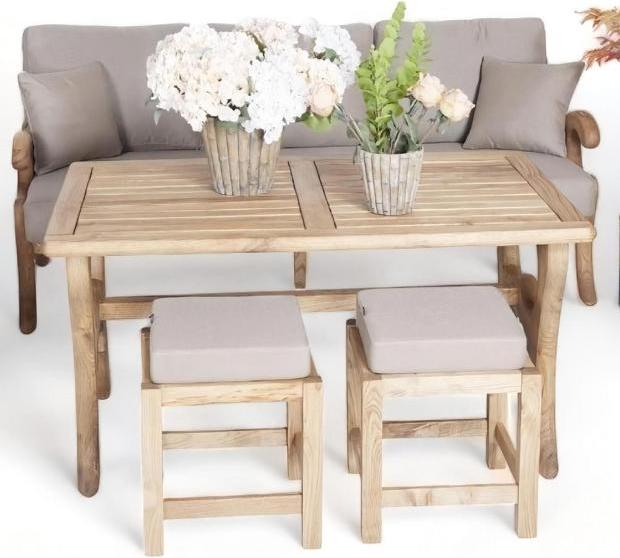 Stilvolle Set Gartenmöbel Sofa 3 Sitzer Sitzgruppen 2x Hocker Holz Esstisch