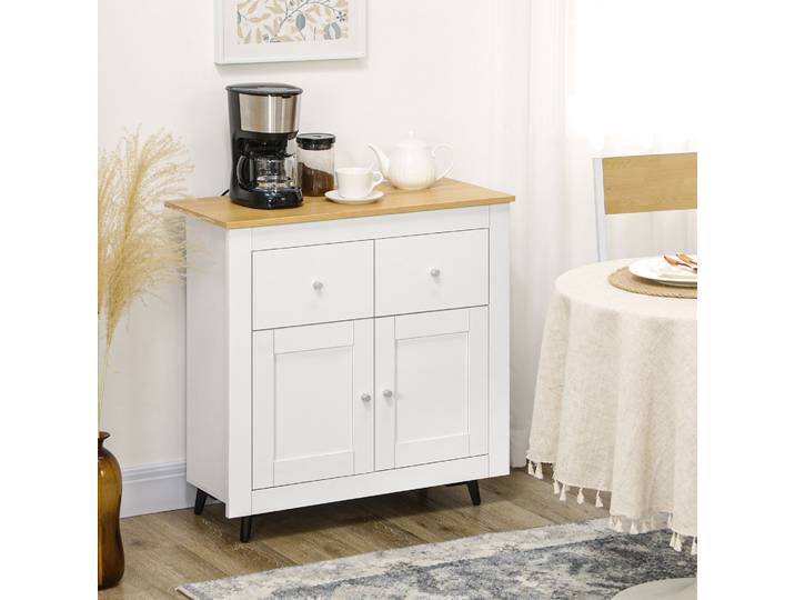 HOMCOM Buffet Rangement Blanc 2 Tiroirs 2 Portes 78x35x80 cm