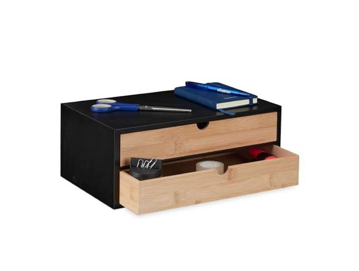 Relaxdays Organiseur à tiroirs\, Bambou & MDF\, 2 Compartiments\, HxLxP : env. 14 x 33 x 21 cm\, pour Bureau\, Noir - Nature