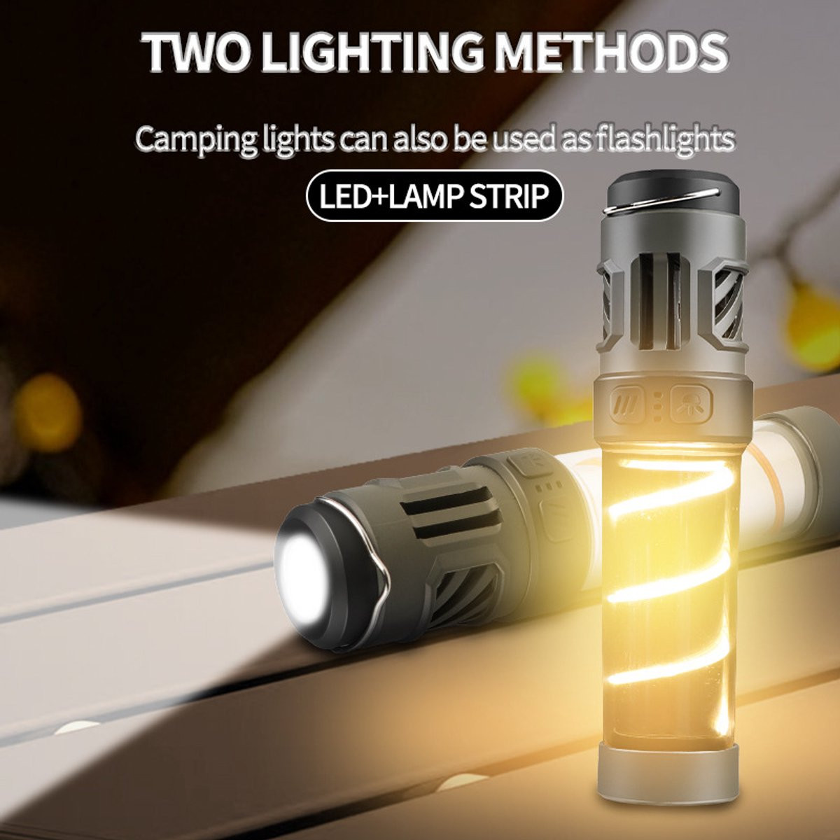 Multifunctionele LED campinglamp met statief en oplaadbare accu, grijs