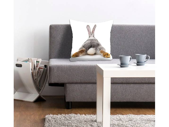 Dekokissen QUEENCE Rabbit Tail , grau (grau, bedruckt), B:40cm L:40cm, Polyester, Dekokissen_Sitzkissen_Kissenhüllen, Dekokissen, mit einem Hasenschwanz