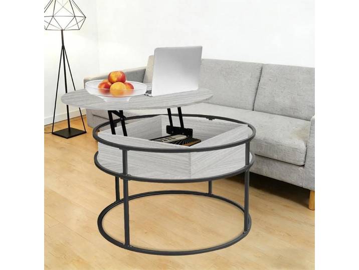 MIPAN.60x60X47cm Table Basse - Design Industriel - Table Basse Ronde Salon - Avec Rangement Caché - Couleur bois clair