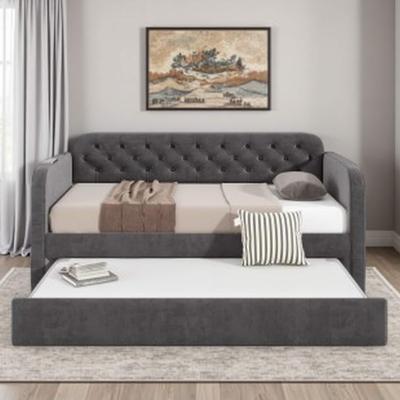 VIVIADORE Twin Velvet Upholstered Daybed with Pull-Out Trundle and USB Charging, Mid-Century Modern Twin Sofa Bed, Plush Fabric Backrest