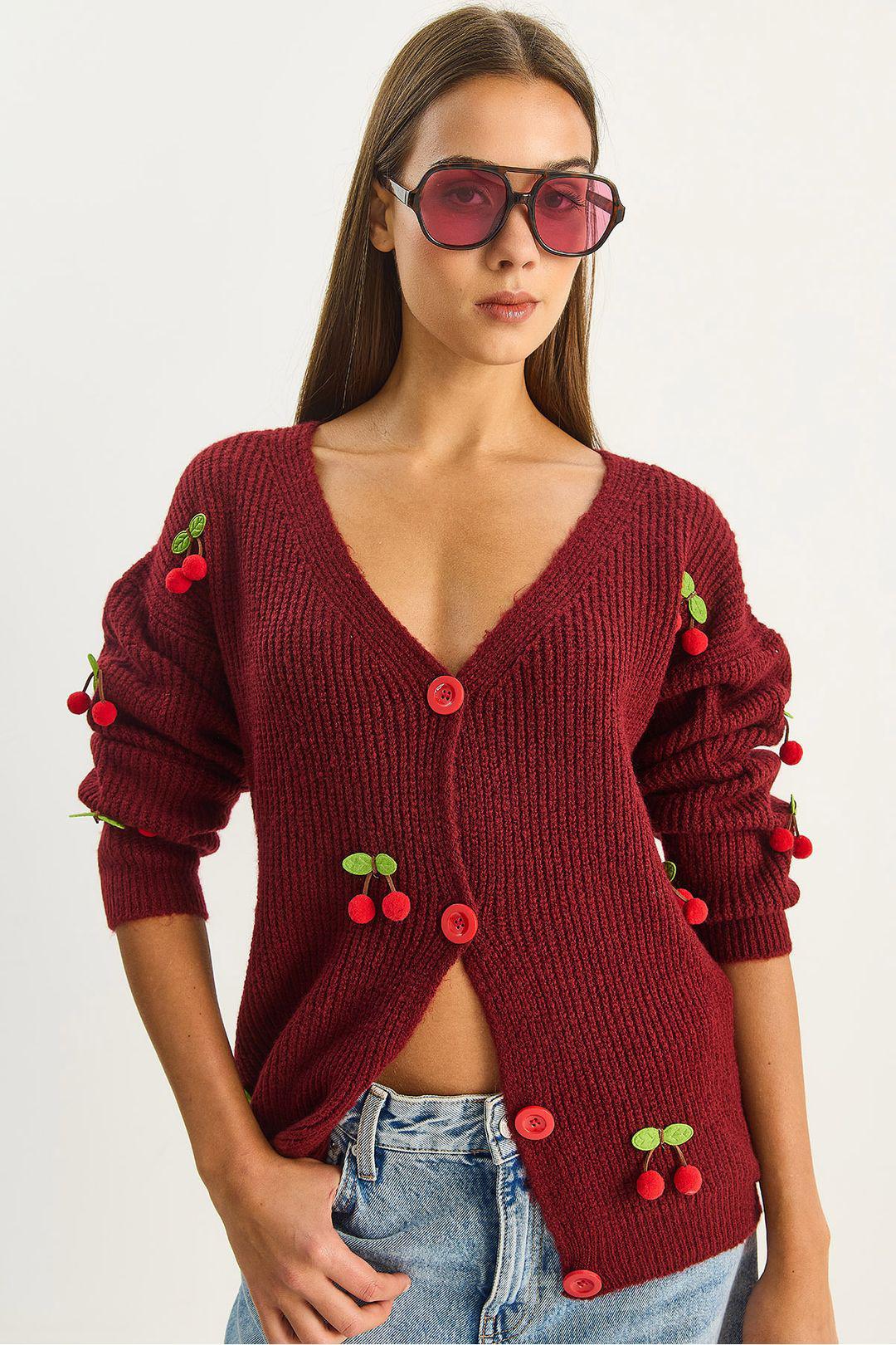 V-hals Fruit Geborduurde Breisel Cardigan