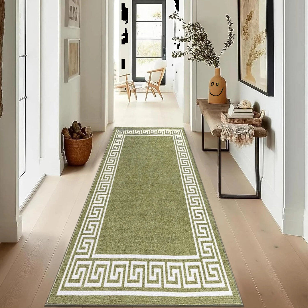 Metro Runner Geometric Area Rug Green Cream Runner 80 x 300 cm