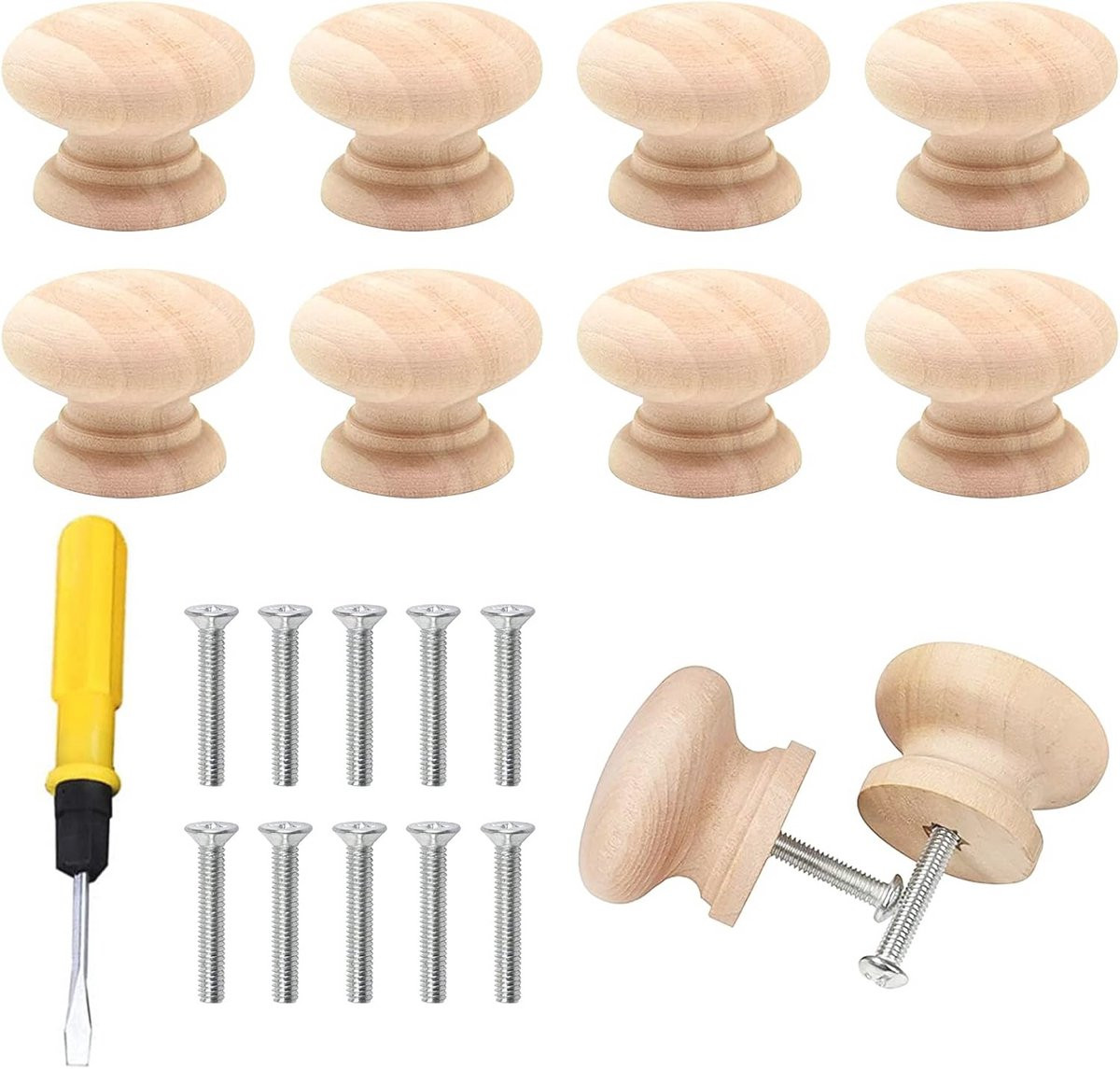 Set van 10 ronde houten meubelknoppen inclusief schroeven en schroevendraaier