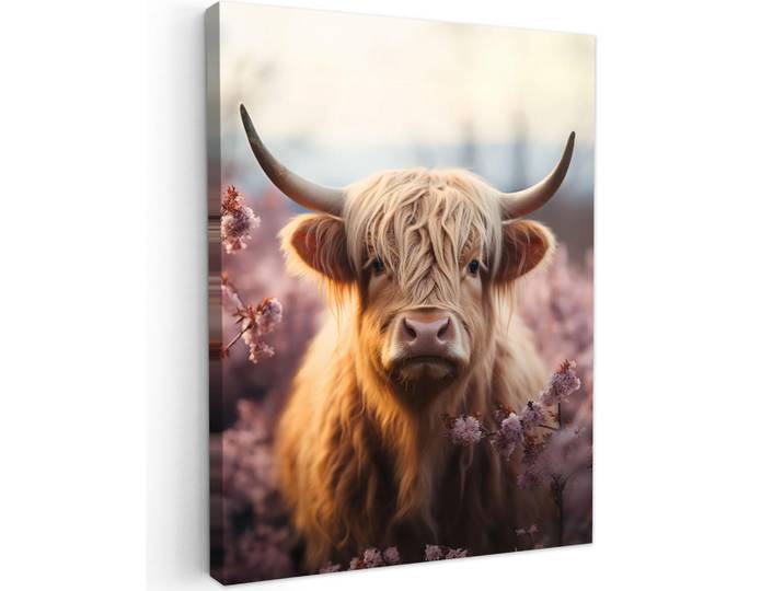 MuchoWow Leinwandbild - Schottischer Hochländer - Frühling - Hochland - 60x80 - Gemälde, Hellrosa, Textil, Kiefer, Abstrakt, Rechteckig, 60x80 cm, gerahmt, Bilder & Rahmen, Bilder, Wandbilder