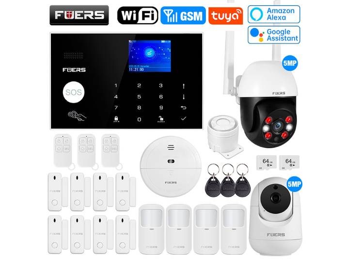 Système d'alarme sans fil WIFI GSM FUERS G30, système d'alarme de sécurité domestique contre les cambriolages, contrôle par application intelligente Tuya avec capteur de porte et de mouvement