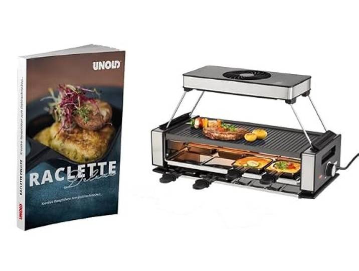 Unold Raclette SMOKELESS - 8-Personen mit patentiertem Abzug & Rezeptbuch Geselliger Raclette-Genuss ohne Essensgeruch! 1.200 W, Dunstabzug mit Aktivkohlefilter, 8 Pfännchen
