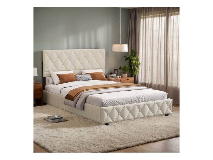MODFU Polsterbett Schlichtes Design, Komfortbett mit Stauraum (Ausgezeichnete Atmungsaktivität, 160x200 cm, Beige, ohne Matratze), inkl. Lattenrost, praktischer Bettkasten