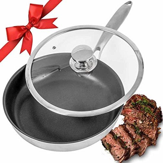 Famanu Bratpfanne mit Deckel - 10 Zoll rostfreier Edelstahl, antihaftbeschichtet
