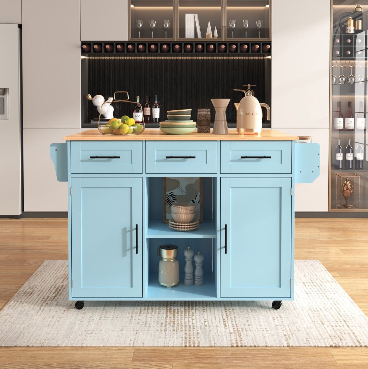 HAUSS SPOLE Keukenkast Keukenwagen met Inklapbaar Blad en Wielen in Blauw - B/D/H: 139 x 46 x 91,5 cm
