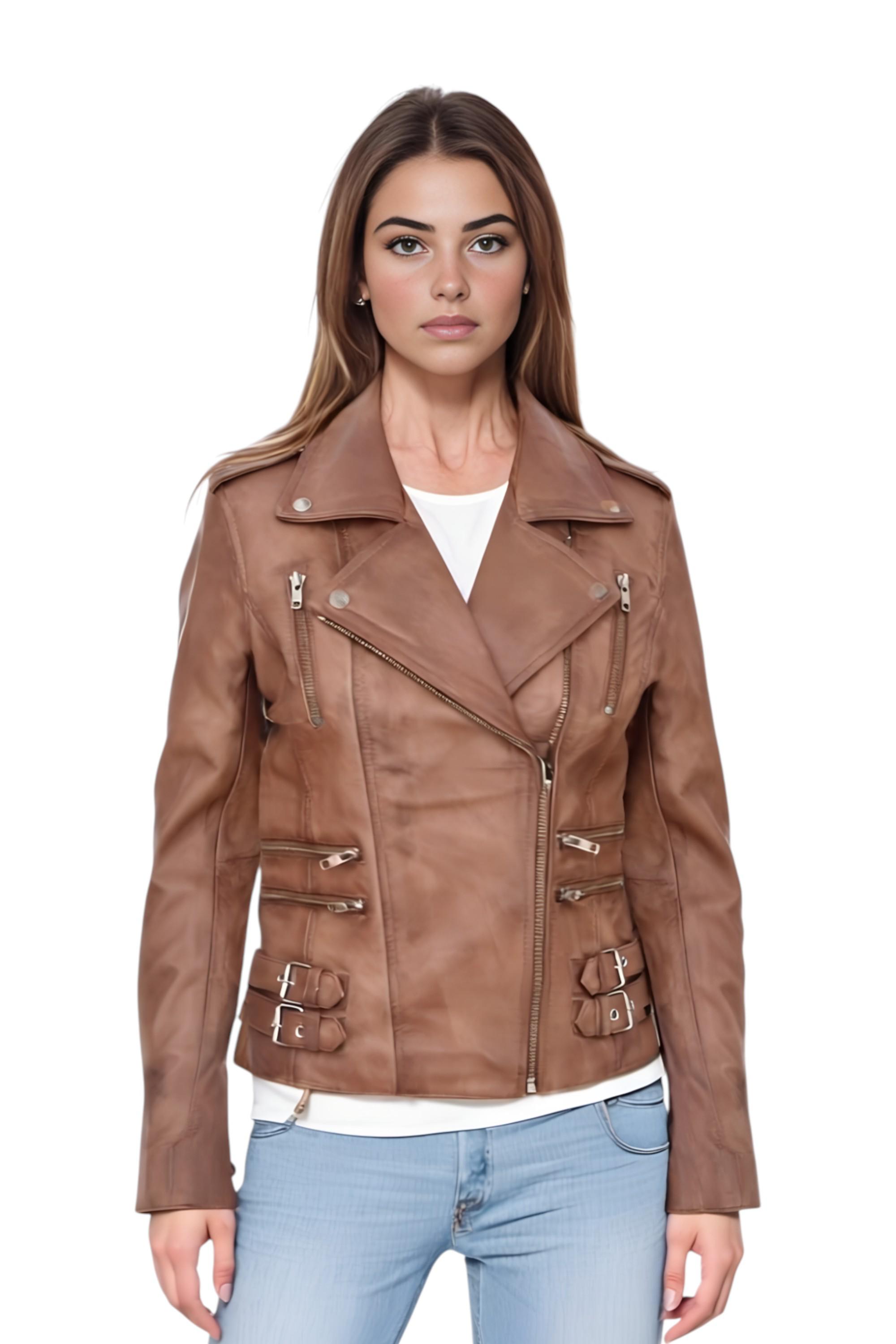Infinity Leather Damen Brando Bikerjacke aus Leder – Constantia - Cognac