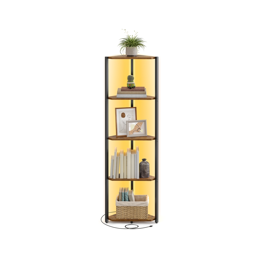 VASAGLE Eckregal mit 5 Ebenen und LED-Beleuchtung vintagebraun LBC590K02