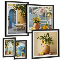 BILDER SET 5er Set - 50x50 cm & 20x30 cm & 40x60 cm Schwarzer Rahmen - Meereslandschaften, Zitronen, Fenster