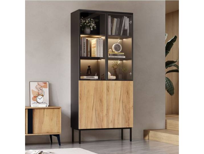 Vitrine Verre Trempe Noir Chene 4 Portes Armoire LED FloraGrace Pour Salon Etageres Reglables 74x31x180cm