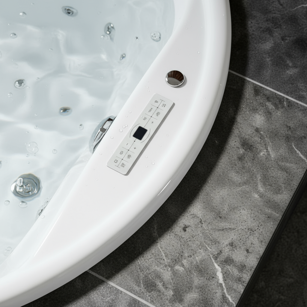 Whirlpool Badewanne 182x182 Rund cm, 28 Massagedüsen Heizung LED, rund oder eckig, Einbau, 2 Personen, Caribia VIDAL XXL Deluxe, Made in Germany