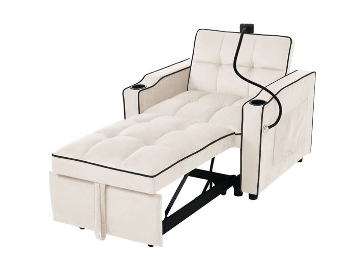 Fauteuil convertible en velours polyester beige avec porte-gobelets