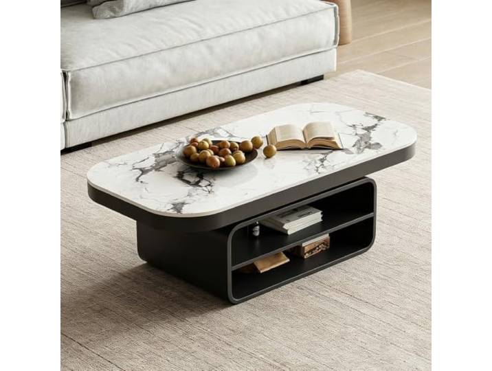 Quadratischer Couchtisch mit massiver Tischplatte und integriertem Stauraum Luxuriöser Couchtisch mit Sinterstein-Platte und großem Stauraum-Sockel – ideal für Eigentumswohnungen(C,80cm/31.5in)
