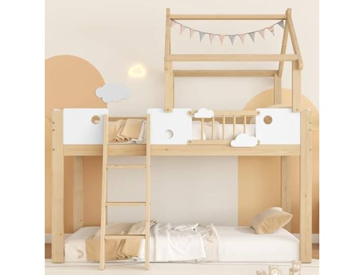 Hochbett 90x200 cm mit Dach, Rausfallschutz und 3-stufiger Leiter Kiefernholz und MDF, 79,5 cm Freiraum, Matratze bis 13 cm