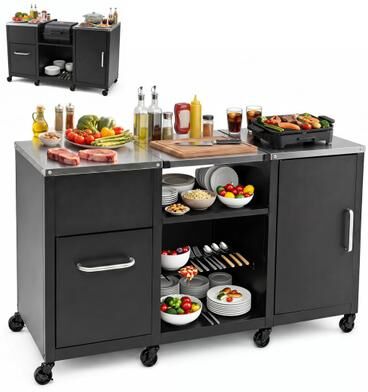 "Costway 59"" Outdoor Grill Table with 2 Removable Shelves and Stainless Steel Top-Black"