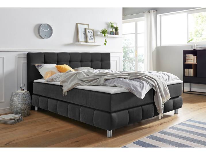 Boxspringbett, Strukturstoff, Grau (Anthrazit), 214×211 cm, Mit Topper, Skandinavisch, andas