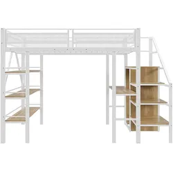 MODFU Hochbett Metall Weiß 140x200 cm mit Schreibtisch, Regal, Kleiderschrank und montierbarer Treppe