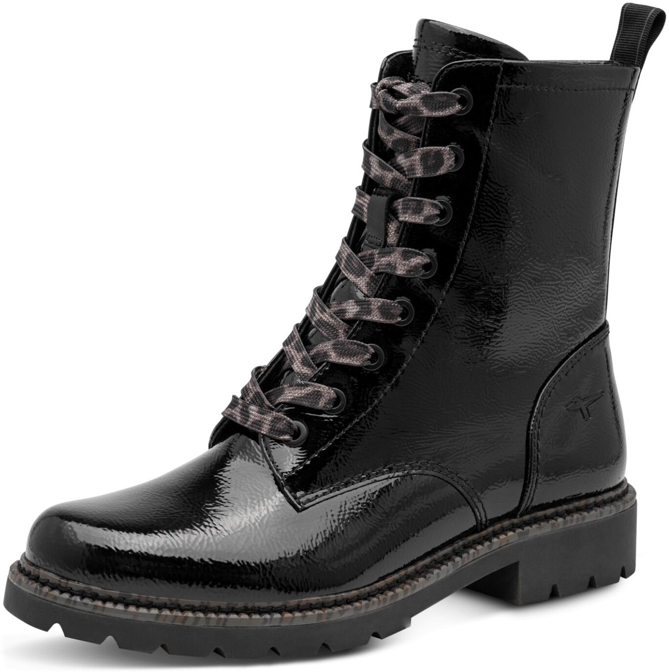 Schnürstiefelette TAMARIS, Damen, Gr. 38, Synthetik Textil, schwarz (schwarz, lack), Lacklederimitat, kontrastfarbene Details, Schuhe Schnürstiefelette, Blockabsatz, Boots mit Schnürsenkeln im Animal-Look