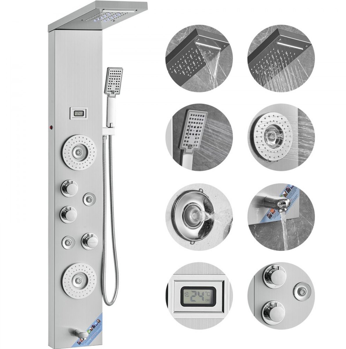 Douchepaneel met 6 standen, LED-display, regendouche, waterval, 4 massagejets en handdouche met 149 cm slang en baduitloop