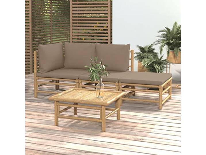 Bambou durable avec coussins moelleux ensemble extérieur taupe 4 pièces Salon de jardin 4 pcs bambou avec coussins taupe, ensemble modulable exterieur avec table et repose-pieds, canape durable