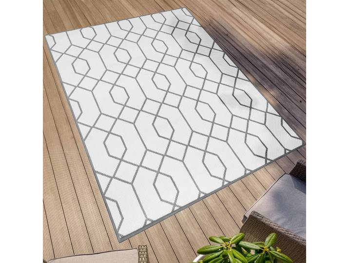 Teppich Outdoorteppich REVERSO - Geo River , grau (grau,beige), B:160cm H:5mm L:220cm, Polypropylen, PRIMAFLOR-IDEEN IN TEXTIL, Teppiche, Teppich, Wendeteppich, modernes Design, In- und Outdoor geeignet, wasserfest