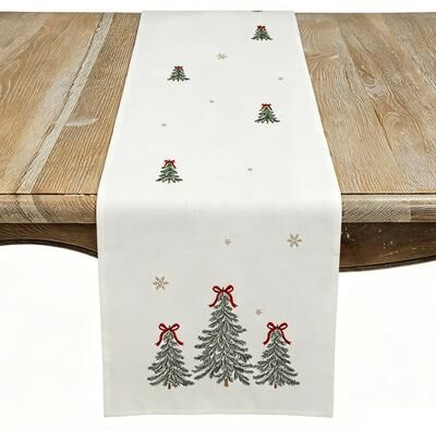 Saro Embroidered Christmas Tree Table Runner - Snowflake Accents and Bow-Topped Evergreen Design for Festive Dining & Entertaining