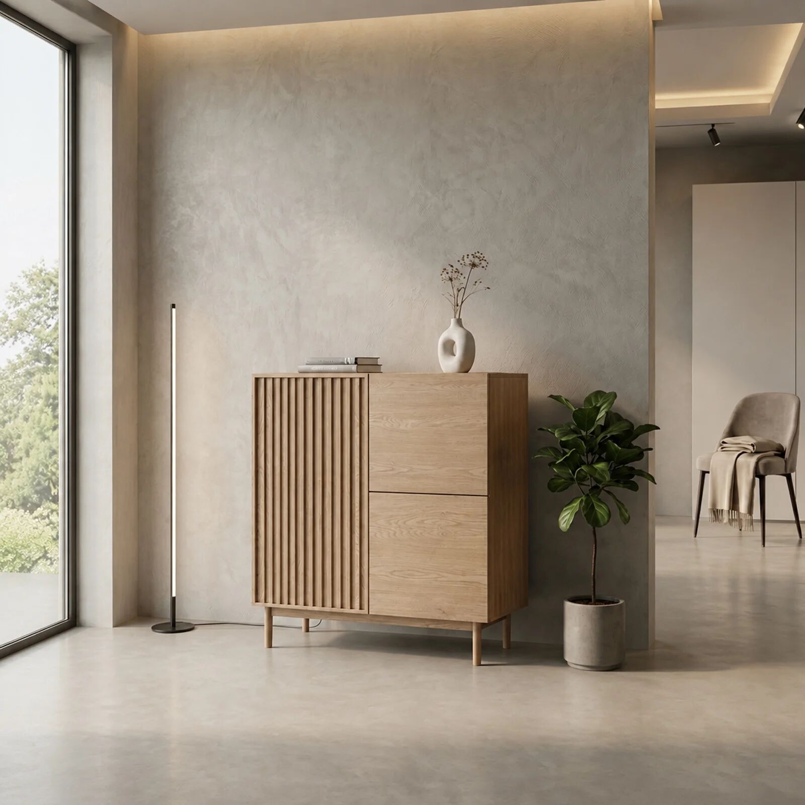 garneroarredamenti Madia alta 106x130h cm design moderno cannettato rovere Colby