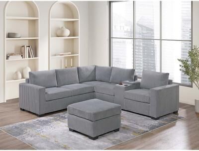Esofastore Sectional Set 4pc Built in Cup Holder Light Gray Finish
