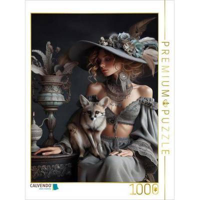 CALVENDO Puzzle Sinnliche Femme Fatale mit einem Silberfuchs auf dem Schoß | 1000 Teile Lege-Größe 64x48cm Foto-Puzzle für glückliche Stunden,