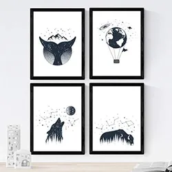 POSTER Set mit 4 Natur im nordischen Stil Wald und Meer in blauweiß A4 Rahmenlos