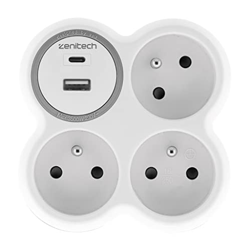 Zenitech Bolea Stopcontact met 3x 16A en 2 USB-A/C-aansluitingen - Wit en grijs