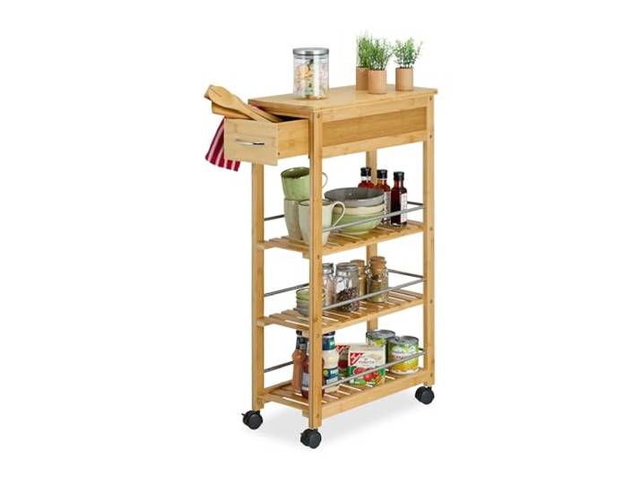 Relaxdays Küchenwagen, Bambus, Schublade, 3 Ablagen, Gewürze, Vorräte, HBT: 86,5 x 25 x 50,5 cm, Rollwagen, Natur/Silber